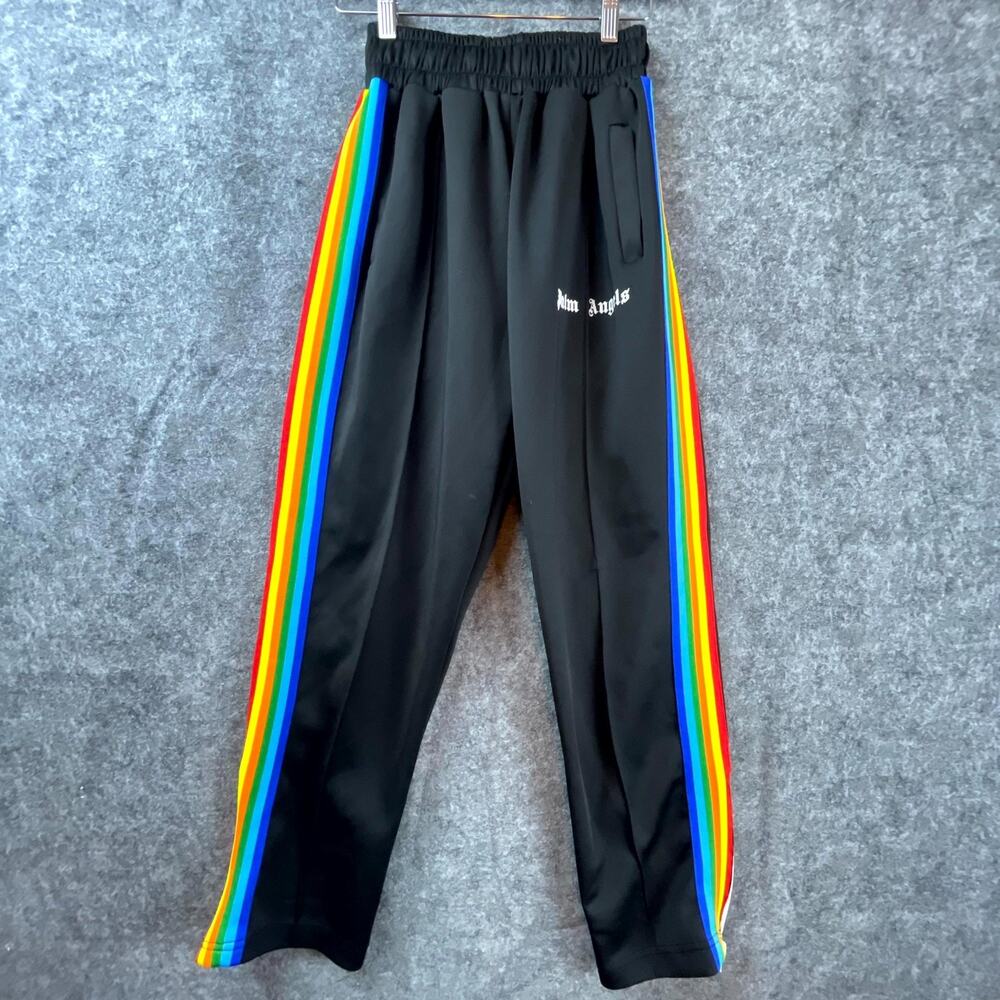 Palm Angels Track Pants Extra Small Black Rainbow Racing Stripe Logo Ankle Zip‎